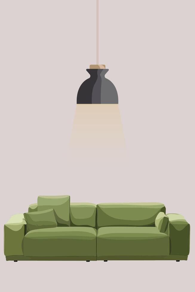 Home furniture, Living room interior design. green sofa chair with hanging lamp. Minimal composition 3d rendering. vector