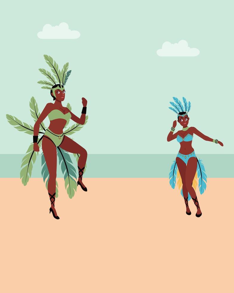 Carnival dancers in Rio de Janeiro wearing festival costumes are dancing on the beach. Brazilian Samba. vector