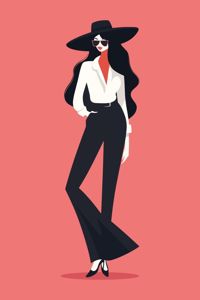 Beautiful fashion woman posing. Hand styled fashion model, in hat with sunglasses. Fashion stylish girl with accessories. Stylish businesswoman. vector