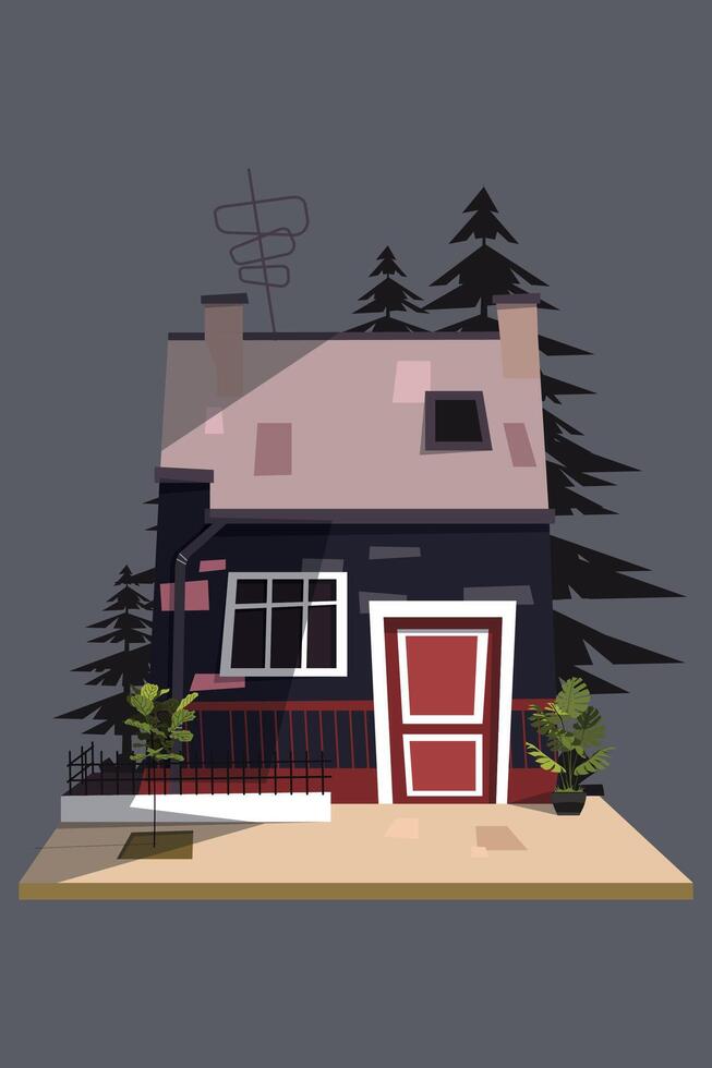 illustration of a house with a dark background. house with chimney and plants on the side. isolated on gray background. vector