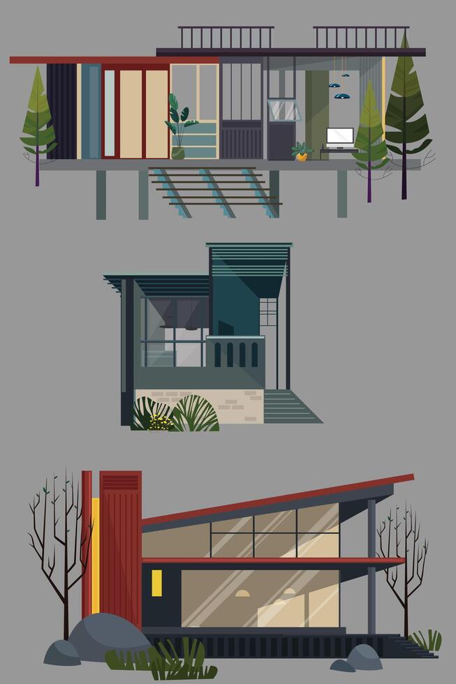 moderno casa con interior. un colección de moderno minimalista familia complejo casas real inmuebles es regulado por hogar ventas. vector