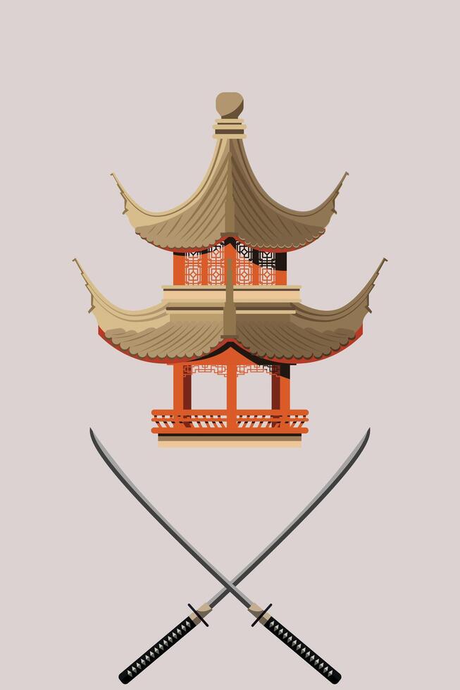 Pagoda and katana crossed. Samurai Bushido Japanese Tradition, katana sword fighting symbol, temple building. Principles of the way of life of samurai, warriors, Japanese culture vector