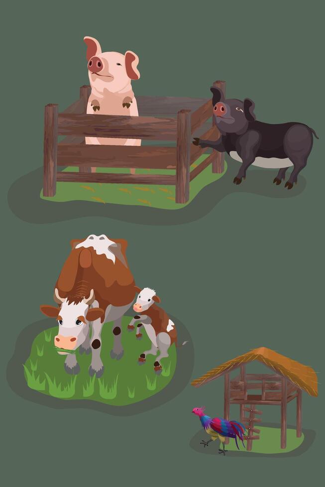 Farm animals with landscape. cow, pig, chicken. kind of animal farming vector