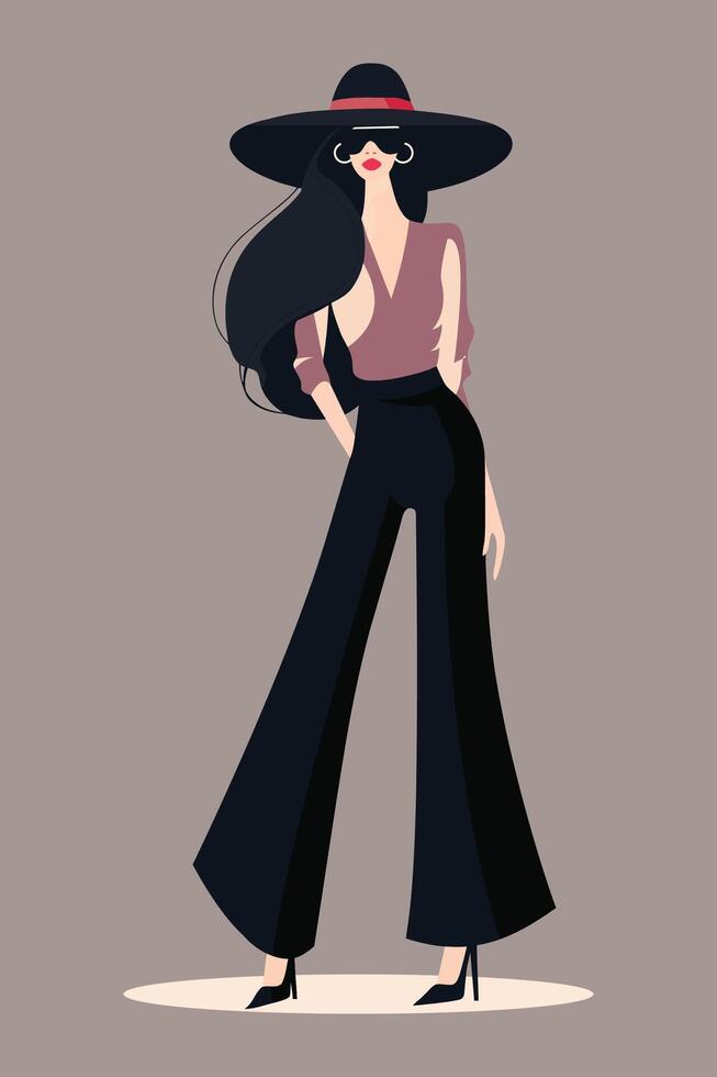 Stylish fashion woman in hat and sunglasses. Drawn in watercolor with a brown dress. Beautiful young woman in fashion clothes. Sketch. vector