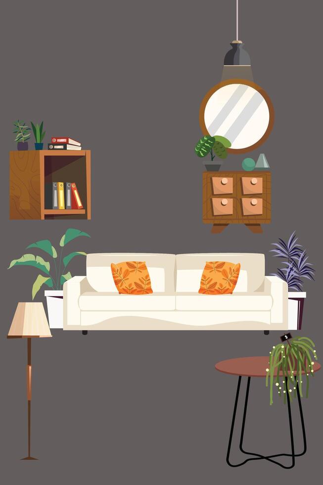 hogar muebles, vivo habitación interior diseño. sofá silla, espejo armario, mesa, colgando lámpara, cama lámpara. mínimo composición 3d representación. vector