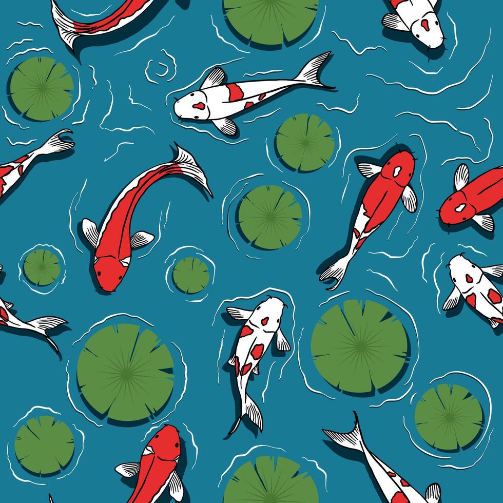 sin costura modelo con ilustración de koi pescado y loto hojas en estanque vector