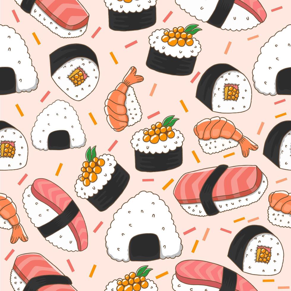 seamless pattern with illustrations of various flat design sushi vector