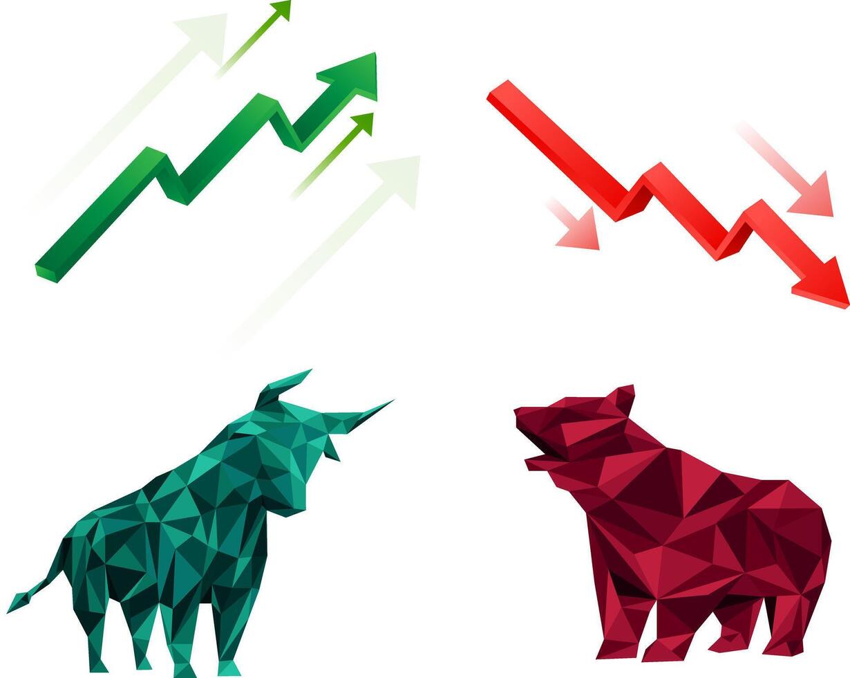 Bull vs bear symbols of stock market growing and falling arrows vector