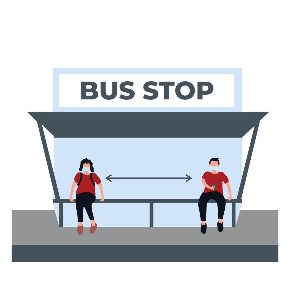 a man and woman doing social distancing and wear masker at the bus stop - flat illustrations isolated on white vector