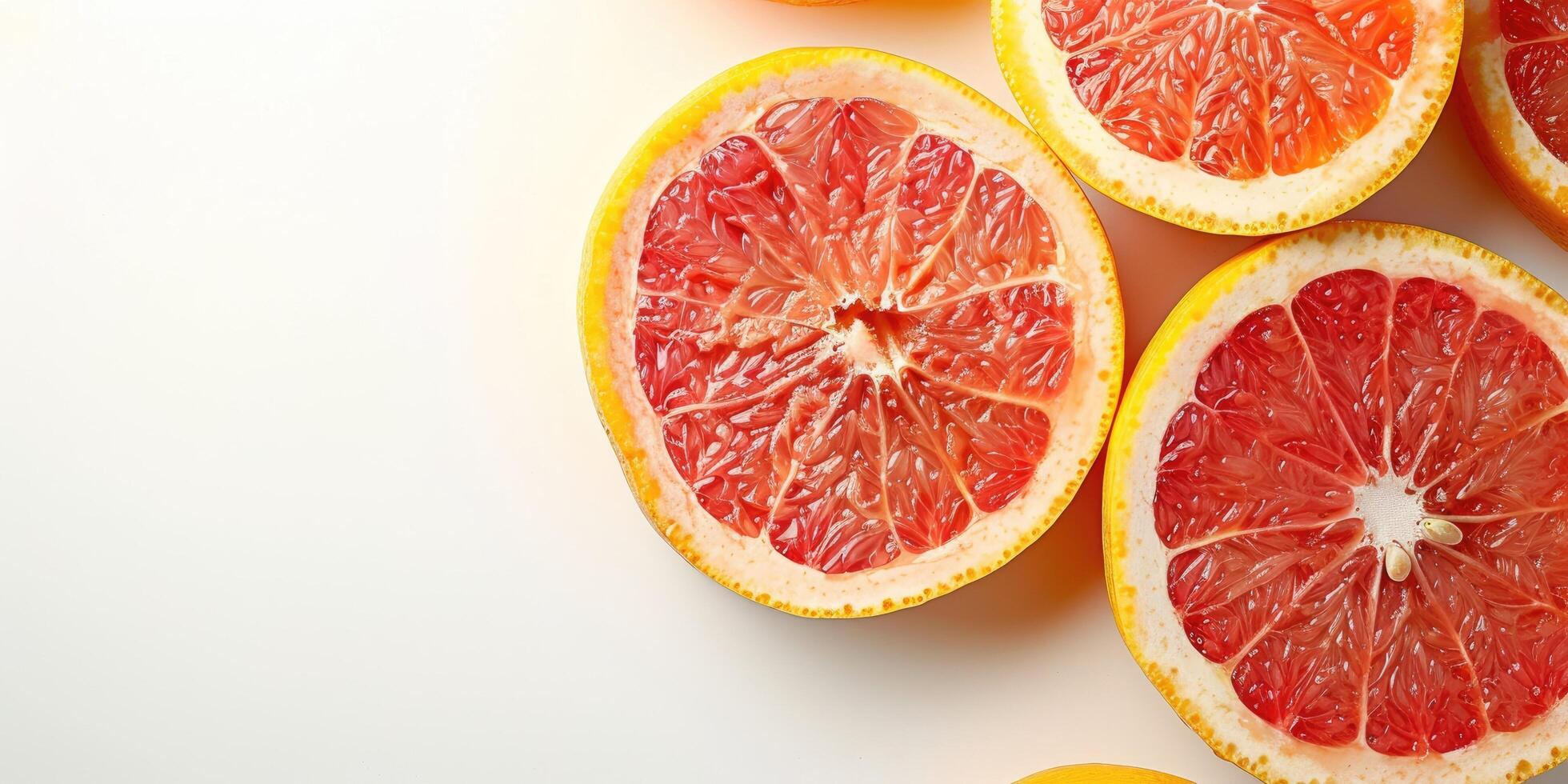 Bright citrus background with sliced grapefruits on a white surface, top view, copy space on the right. photo