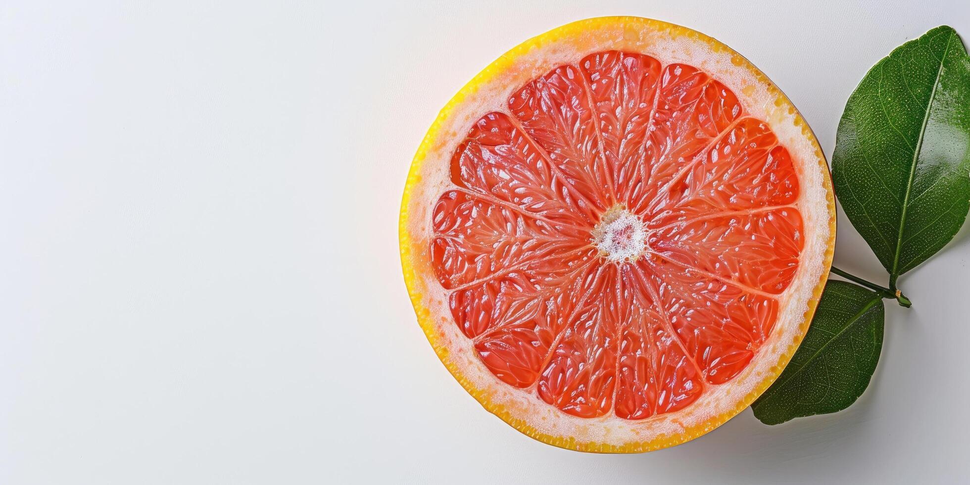 Half of a fresh grapefruit with a green leaf on a white background, space for text. photo