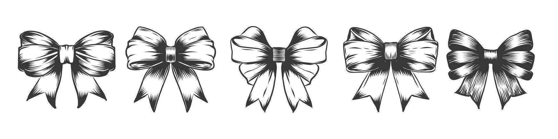 hand drawn Satin bows collection. engraving ribbon bowknot set in black ink, graphics. illustration of isolated objects on a white background. vector