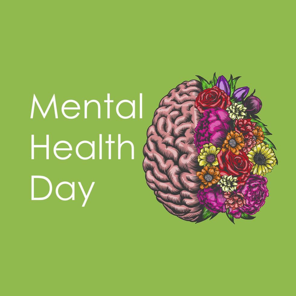 World Mental health Day. Hand drawing of blossom brain. Modern illustration for Poster, Banner, Flyer, Template. Social Media Post. Mental wellness vector