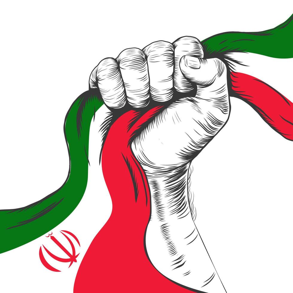 Clenched fist and Iranian flag ribbon. 1 April. Happy Independence Day of Iran. Hand and Iran flag illustration on a white background. vector