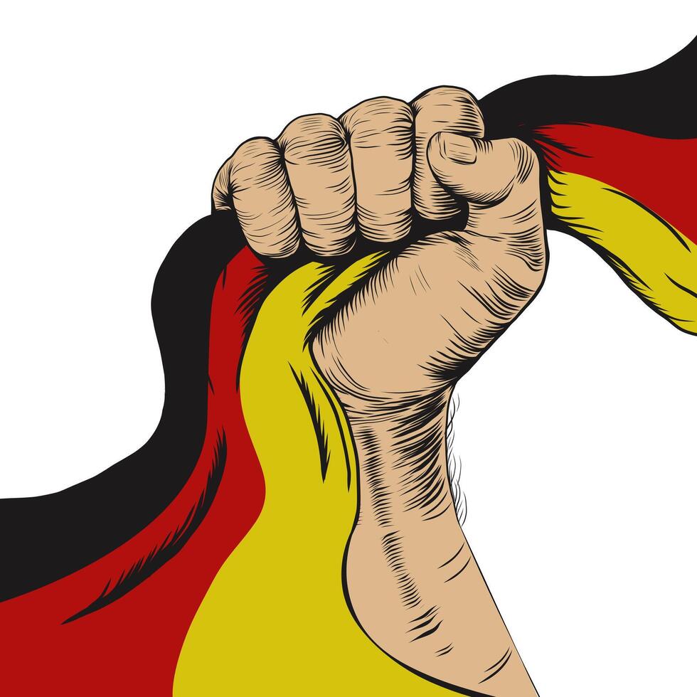 3 octubre. Alemania independencia día. mano con Alemania banderas puño apretando nacional bandera cinta de país Alemania. ilustración en blanco para bandera, tarjeta, póster, social medios de comunicación. vector