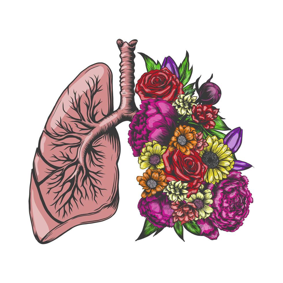 Hand drawn human lungs full of blooming flowers and leaves. Colorful illustration of floral lungs. No tobacco day. Health lungs and World Asthma Day concept. vector