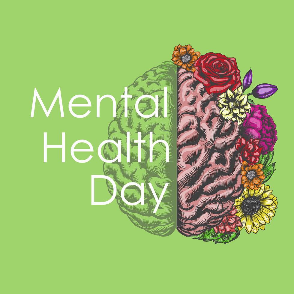 World Mental Health Day. Human brain and blossom flowers for poster, card, social media. Mental wellness. Mental Health care concept. October 10. vector