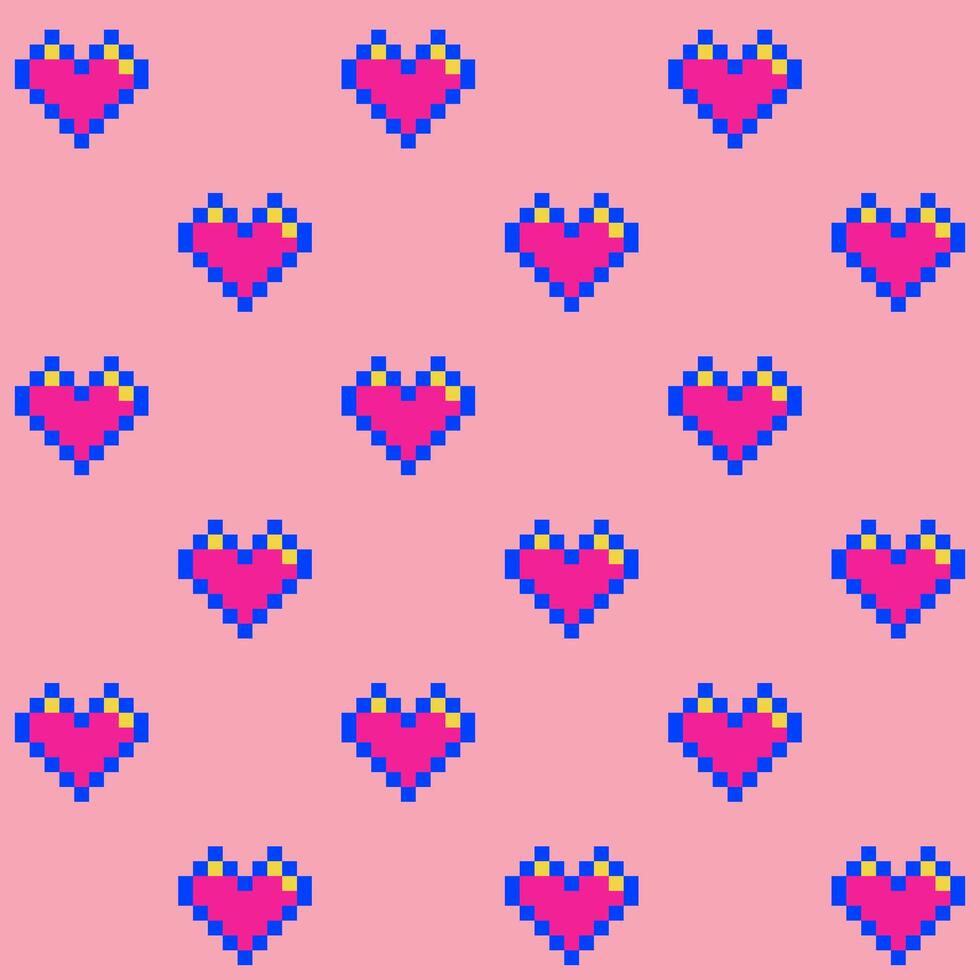 Seamless pattern of pink pixel hearts with a blue outline on a pink background, 8-bit vector