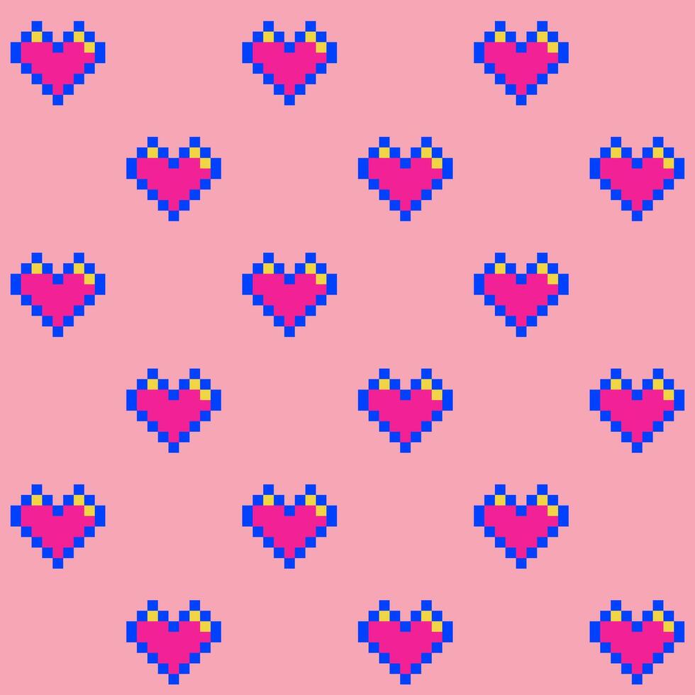 sin costura modelo de rosado píxel corazones con un azul contorno en un rosado fondo, 8 bits vector