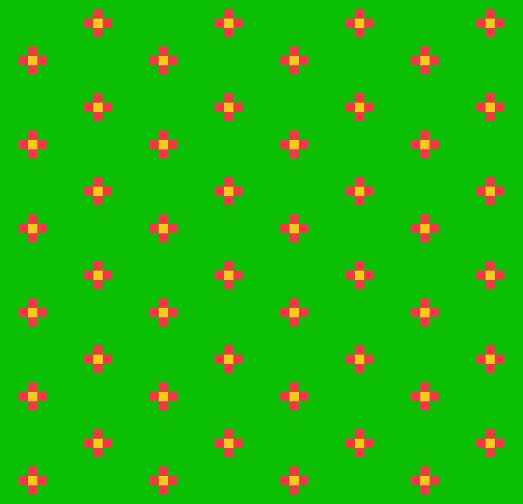 Seamless pattern of red flowers on a green background, 8-bit vector