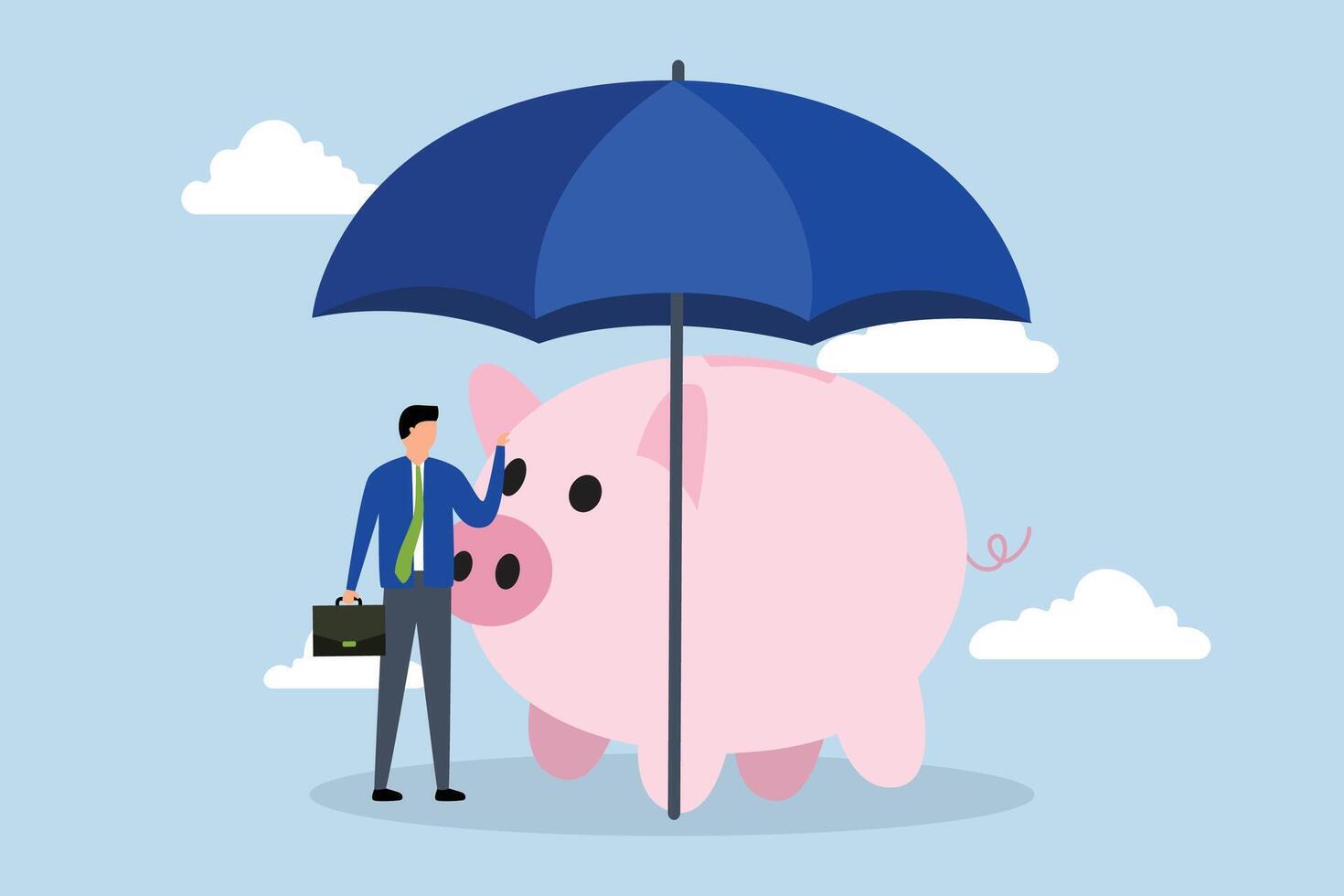 finance saving protection in economy crisis, investor with his piggy bank with his security money with a big umbrella. vector