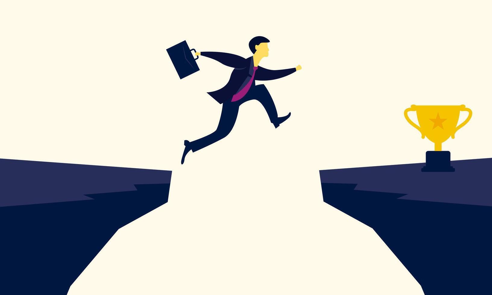 Businessman who jumps over a cliff to reach a trophy. Symbolizes achievement, goals, struggle, effort and hard work. vector