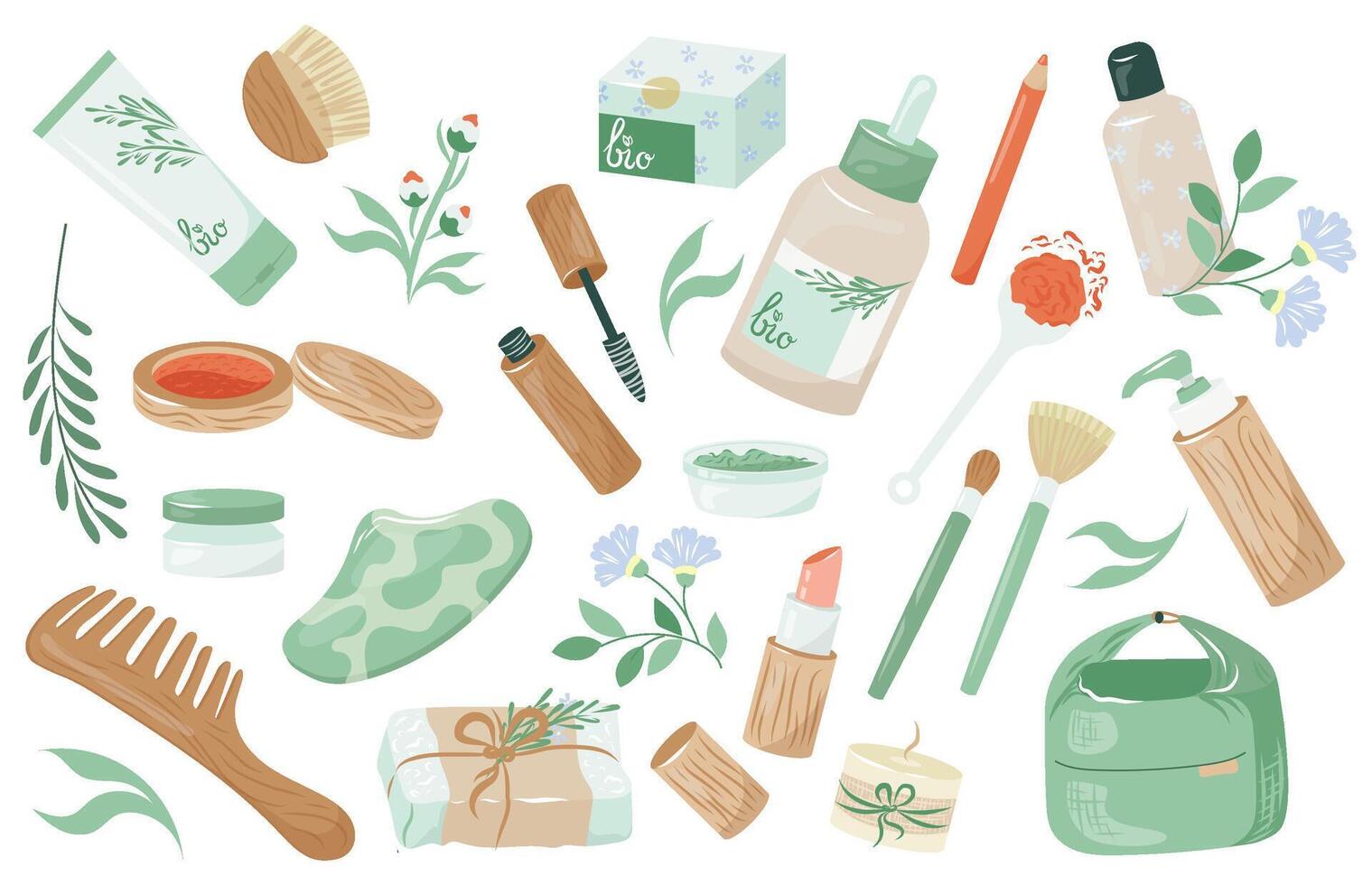 conjunto de madera botellas, papel tubos con orgánico productos cosméticos para eco simpático viviendo. colección de bio protección de la piel productos aislado en blanco. cero residuos estilo de vida concepto. vistoso ilustración vector