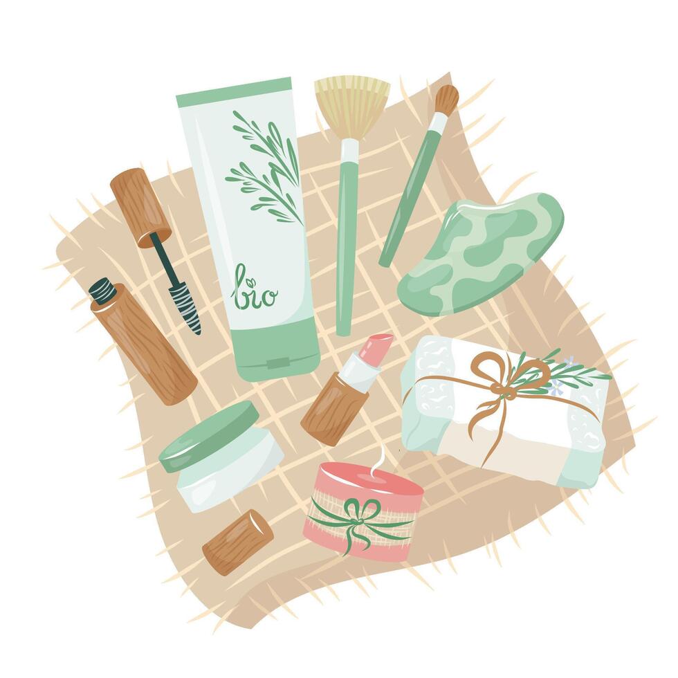 madera botellas, papel tubos con orgánico productos cosméticos para eco simpático viviendo. vistoso ilustración de natural protección de la piel productos, vela, lápiz labial en lienzo. cero residuos estilo de vida concepto vector