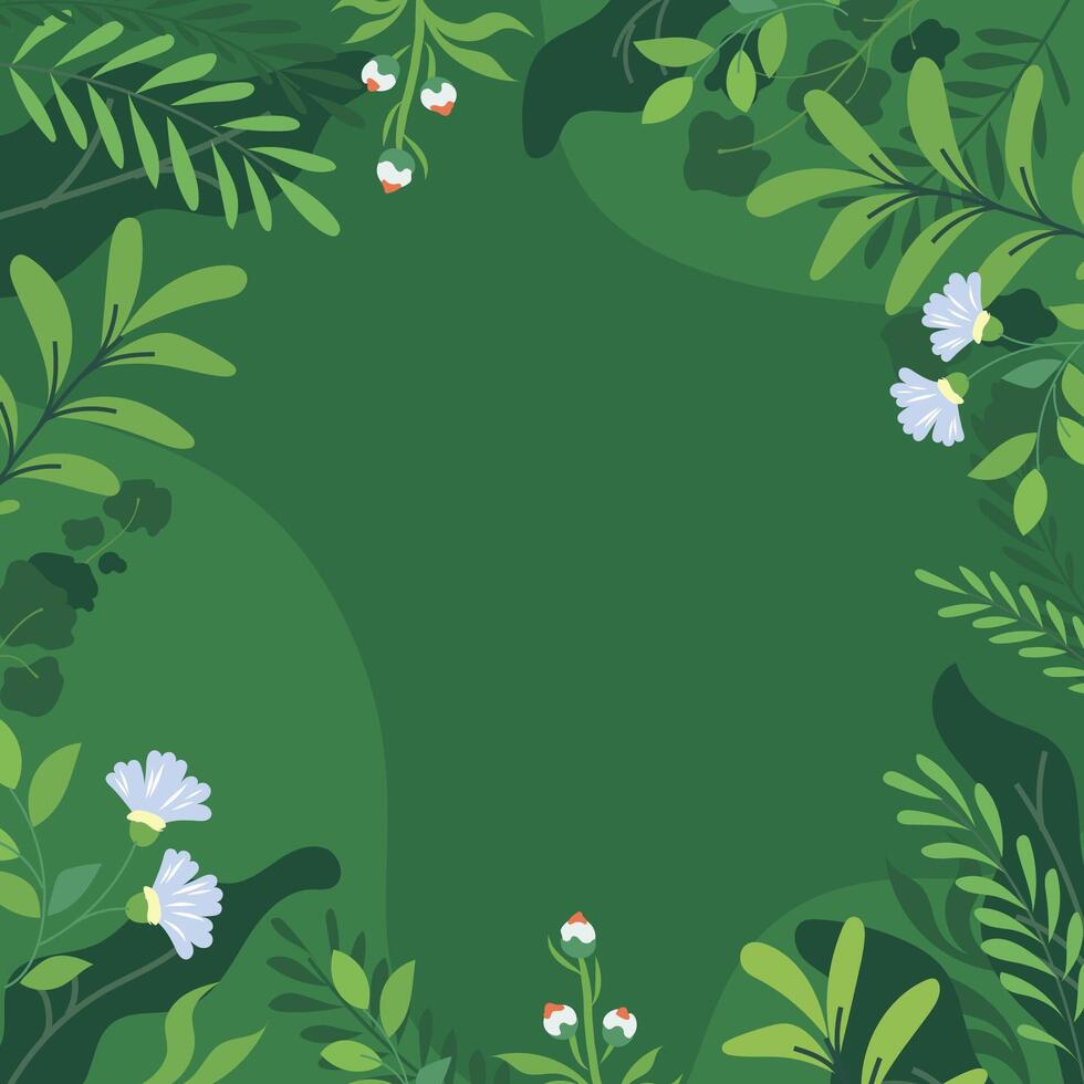 Beautiful hand painted background with green plants, branches, leaves and flowers Herbal mix square frame. Universal green template design for card, banner, invitation, social media post vector