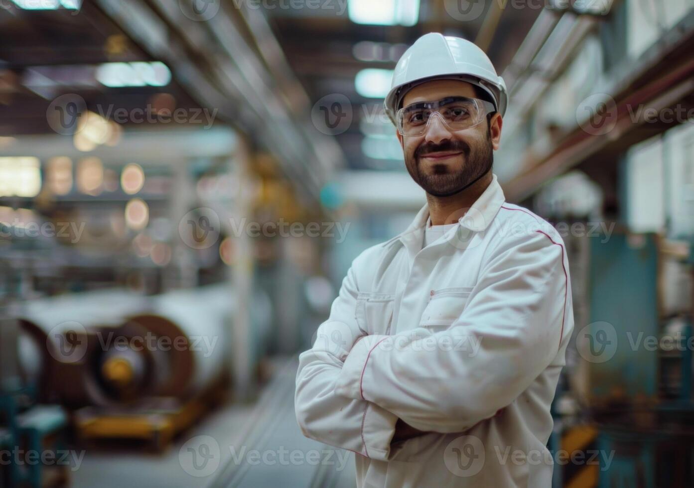 smiling worker in white uniform and helmet stands with crossed arms in factory hall photo