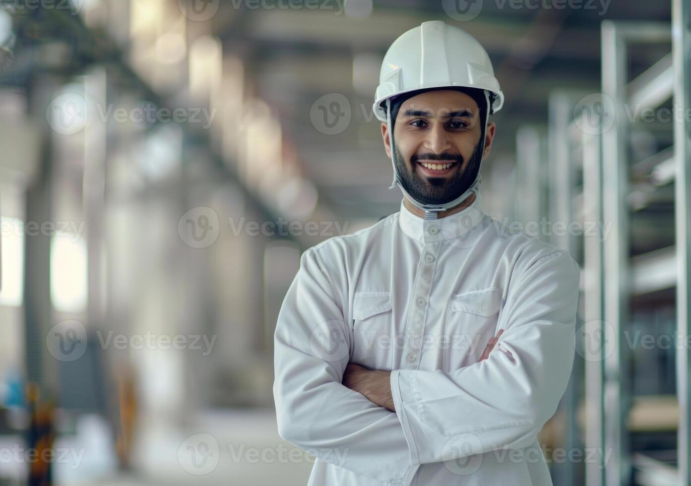 smiling worker in white uniform and helmet stands with crossed arms in factory hall photo