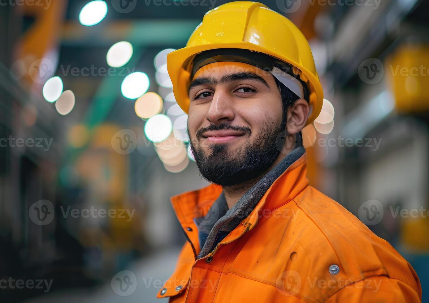 A handsome young worker, wearing an orange jacket and yellow hard hat photo