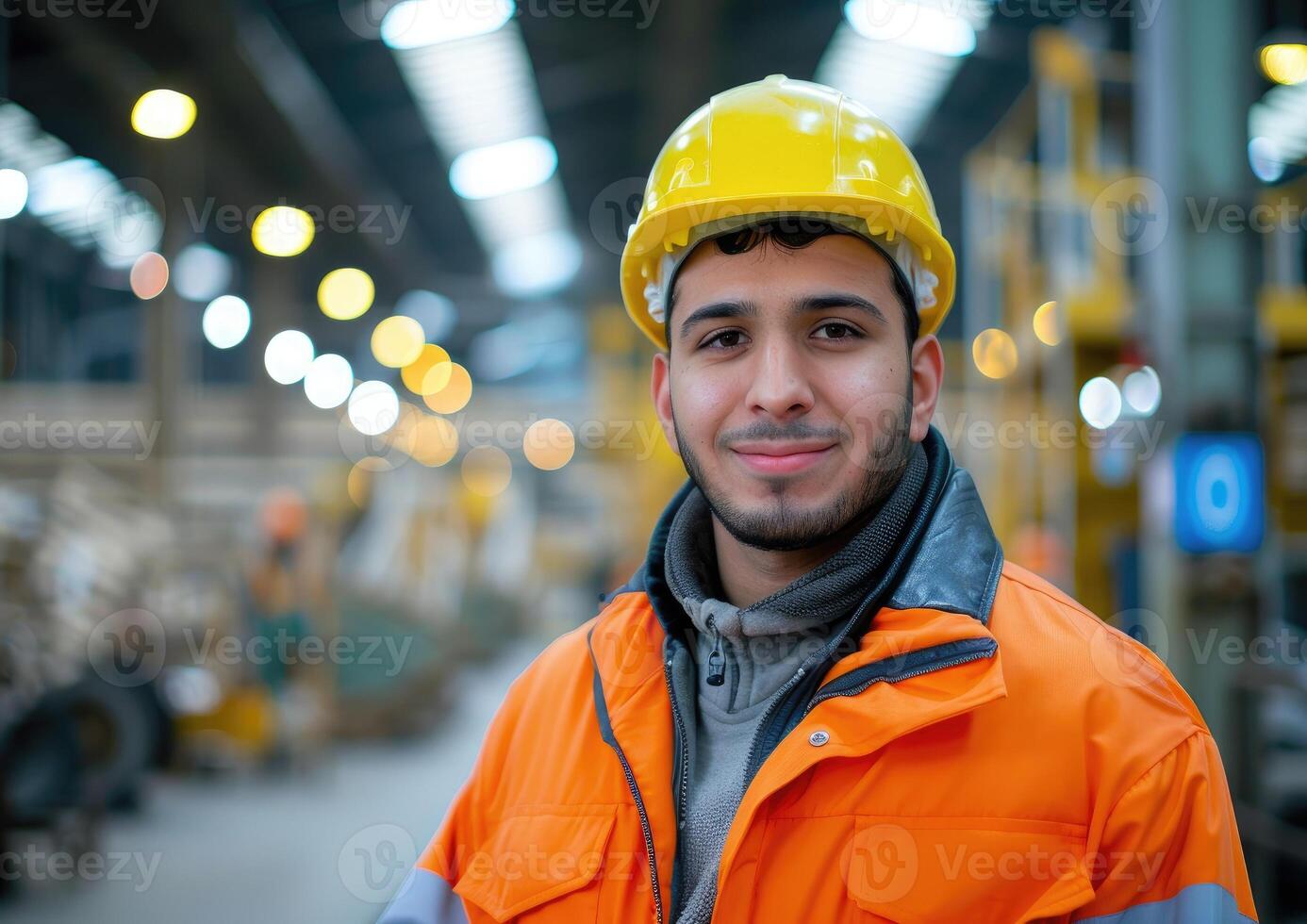 A handsome young worker, wearing an orange jacket and yellow hard hat photo