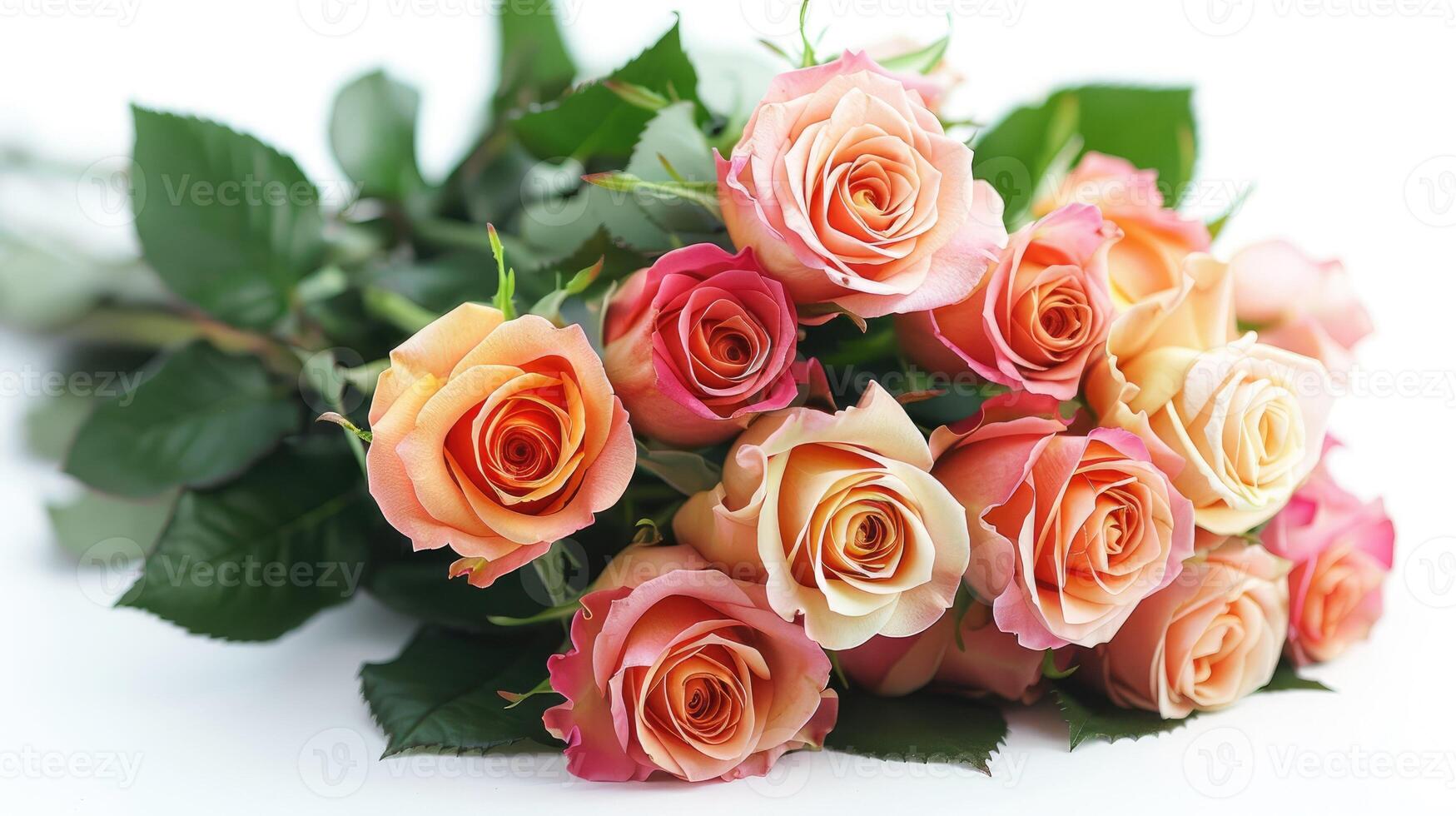 Bouquet of multicolored roses with soft focus on a white background. photo