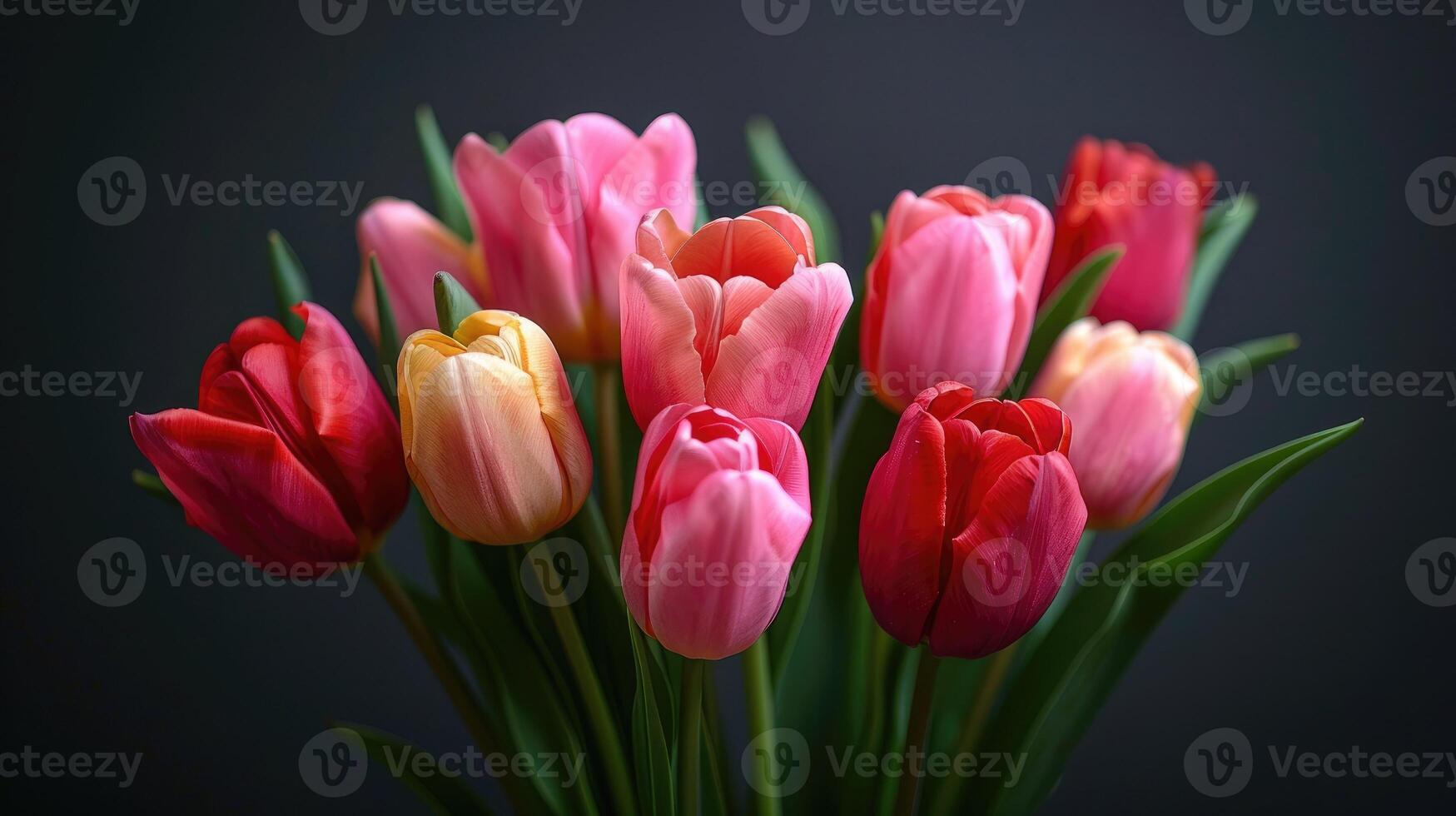 Bouquet of red tulips against a dark background, vibrant spring flowers with green stems, suitable for greeting cards and backgrounds. photo