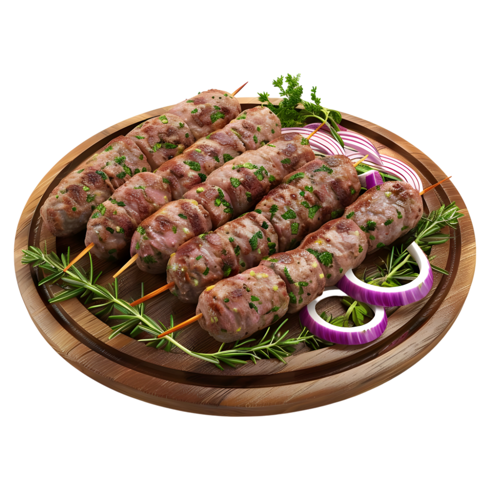 3D Rendering of a Beef Kebab on a Wooden Plate on Transparent Background png