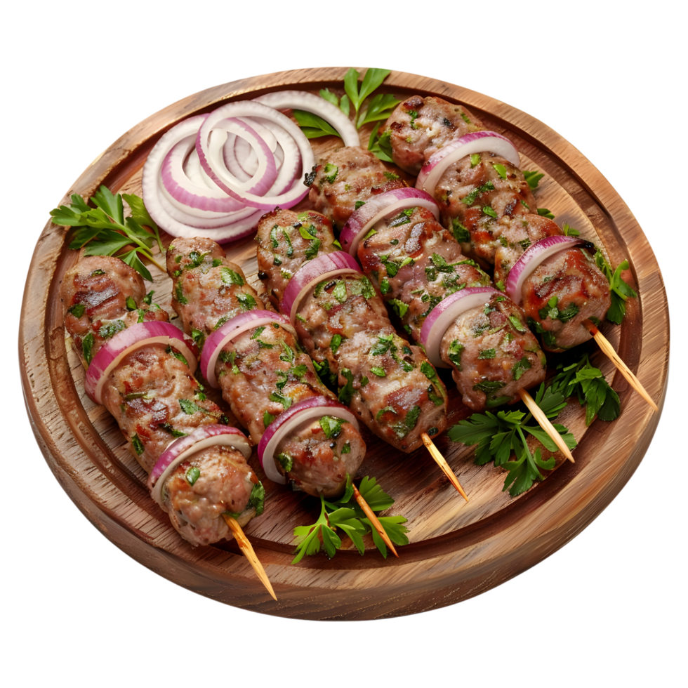 3D Rendering of a Beef Kebab on a Wooden Plate on Transparent Background png