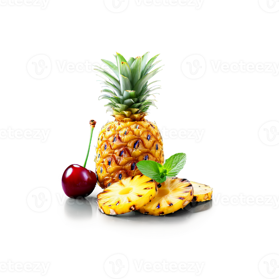 Grilled pineapple slices with caramelized surface maraschino cherry and sprig of mint isolated on transparent png