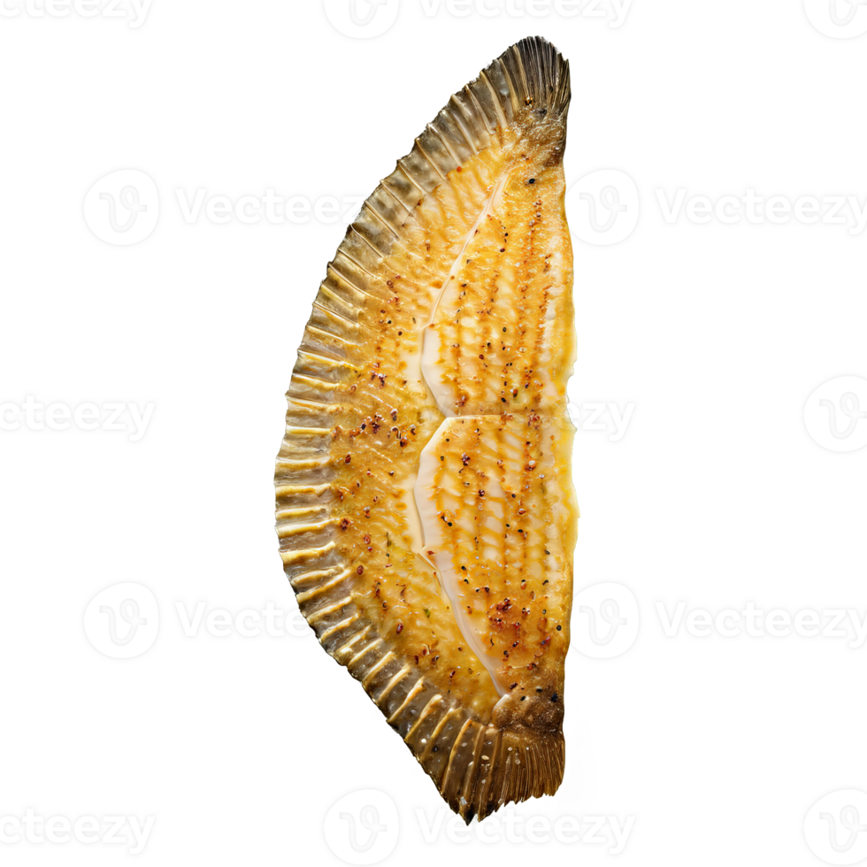 Broiled flounder fillet golden brown color garnished with butter sauce captured in natural light png