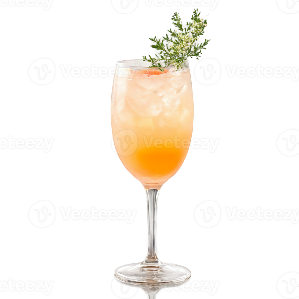Elderflower grapefruit gin fizz with thyme sprig and citrus twist floating above Food and culinary png
