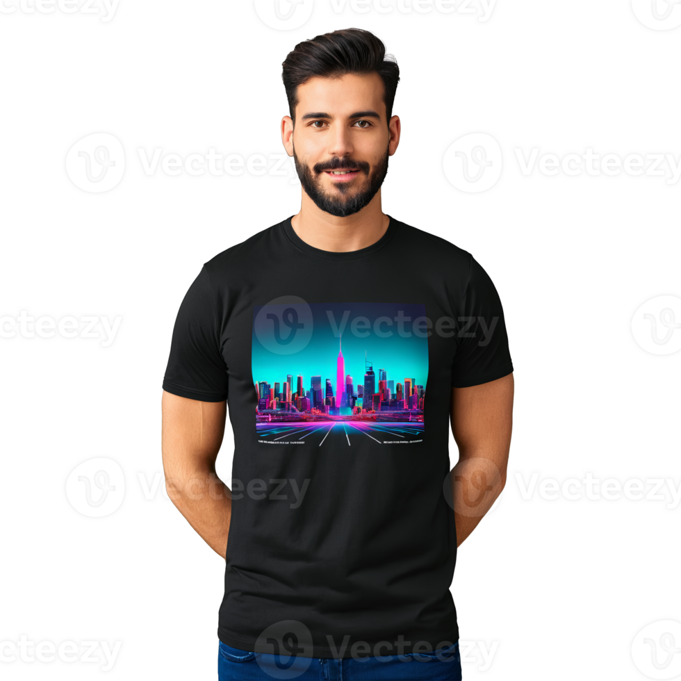 Retro inspired graphic tee featuring a vibrant 80s style neon cityscape mid air Mockup concept png