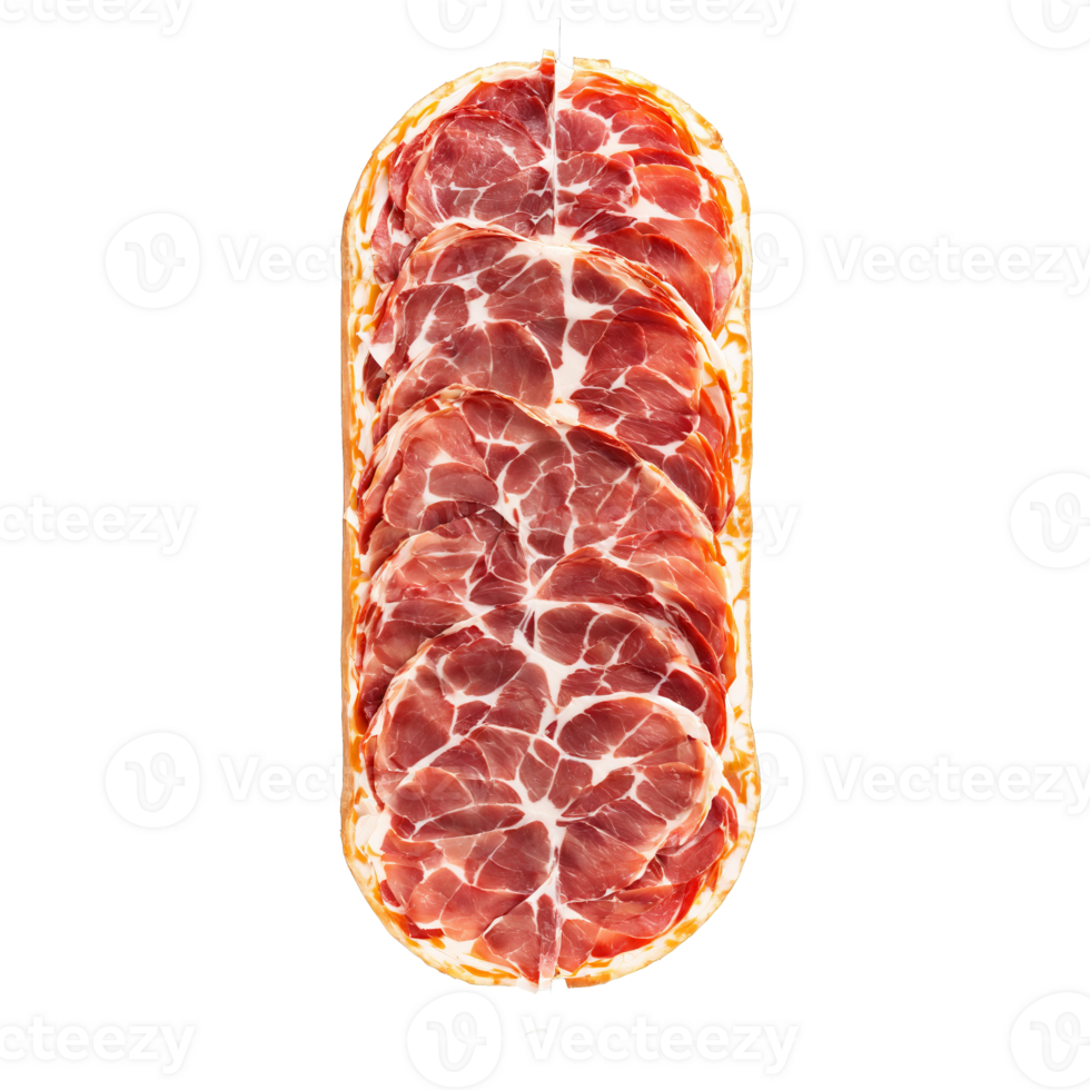 Sliced capicola with marbled texture suspended and spinning Food and