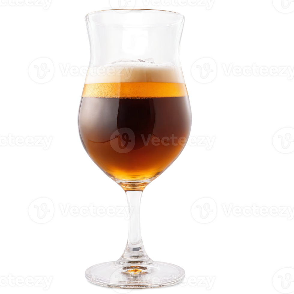 Barleywine glass snifter shaped and filled with deep amber beer one empty and one garnished png