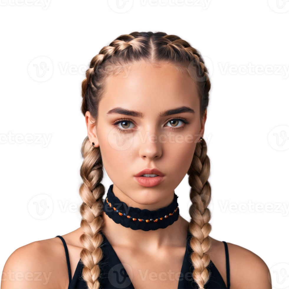 Young woman with side French braid and choker necklace plain face piercing eyes kissing mouth. Essence of diverse femininity. png