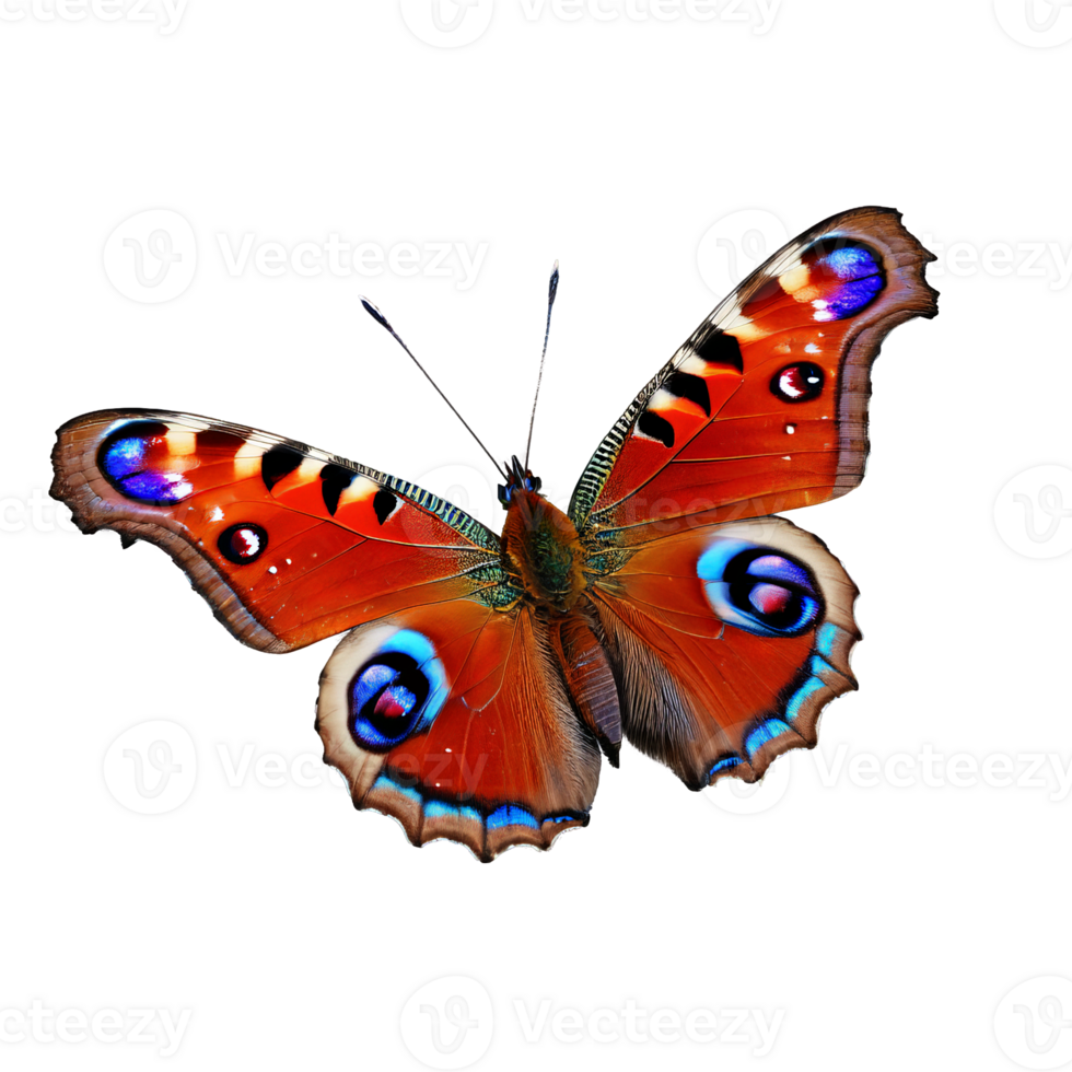 Peacock butterfly Aglais io deep red wings with prominent blue and black eyespots intricate patterns png