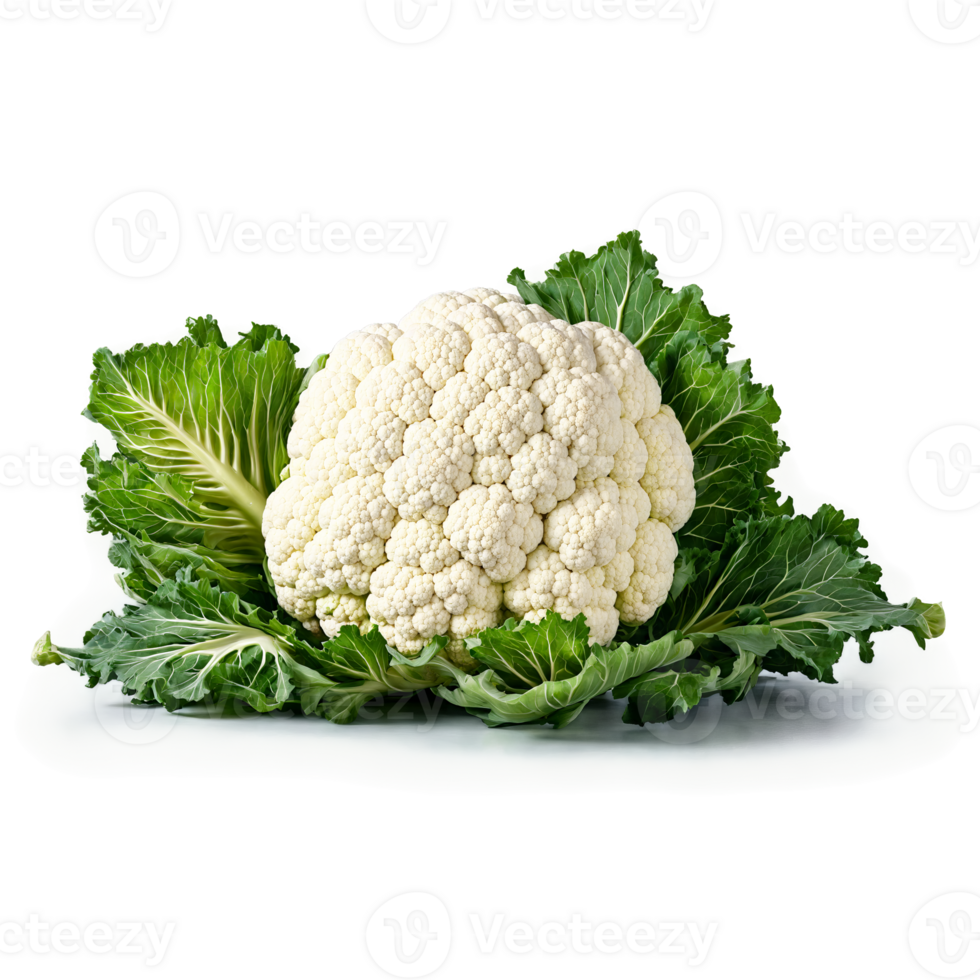Cauliflower with florets and leaves in scattered dynamic composition Food and culinary concept png