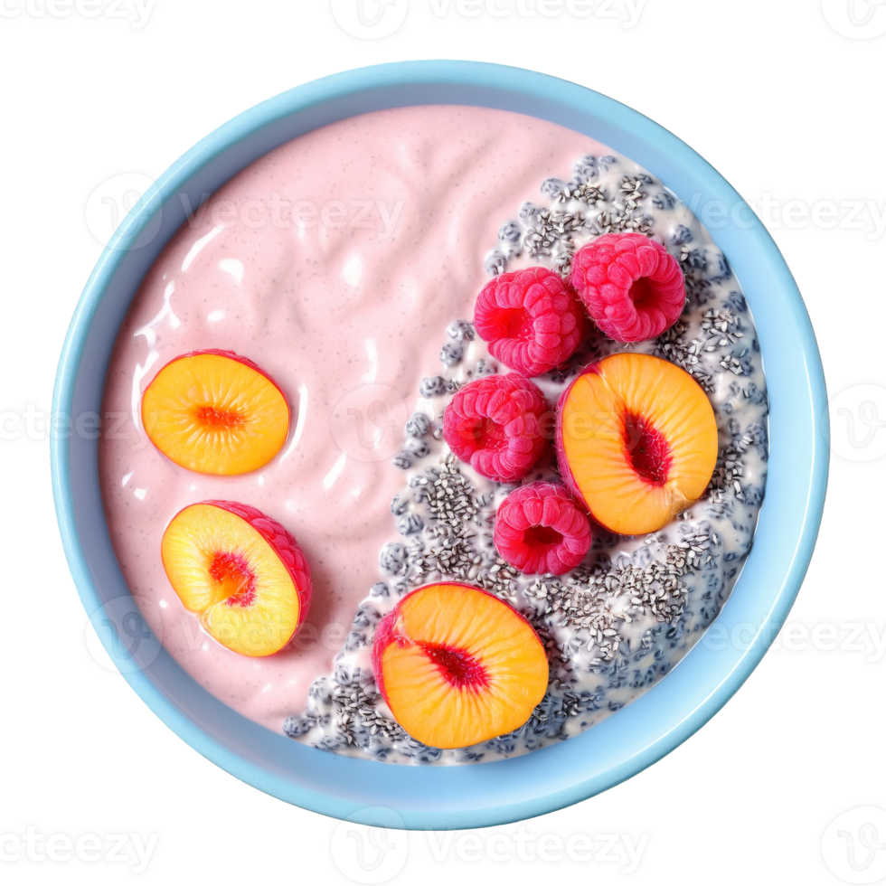 Breakfast smoothie bowl with a thick blend of frozen raspberries banana and coconut milk topped png