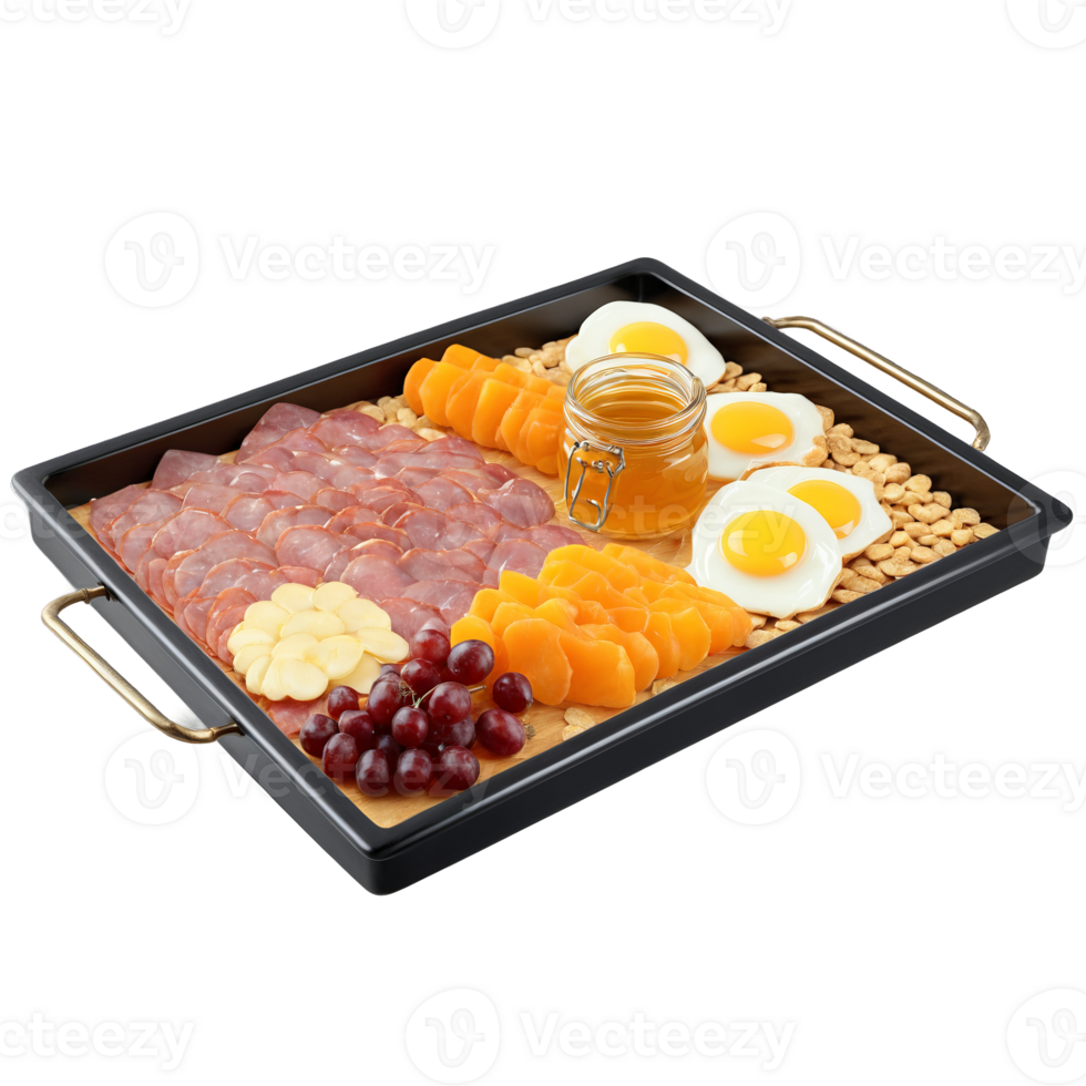 Breakfast charcuterie artful spread in glass tray honey dipper drizzling Food and Culinary concept png