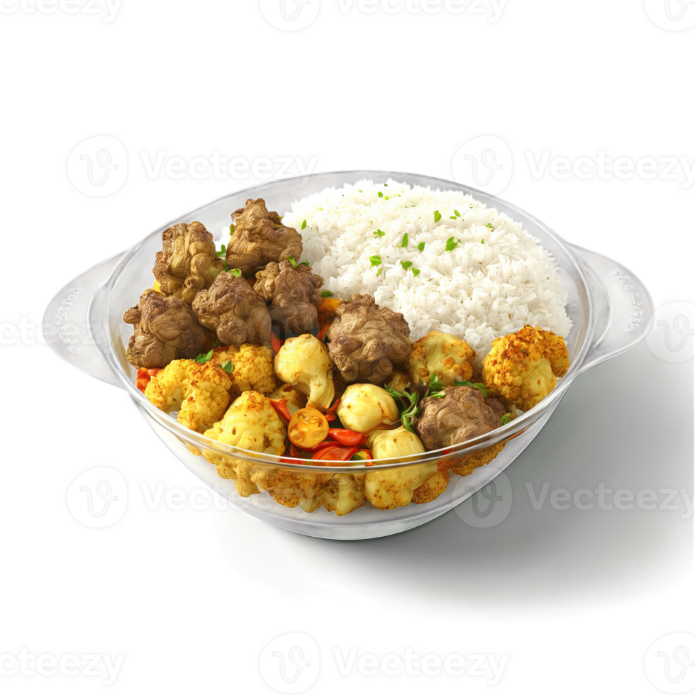 Aromatic curry bowl with tender lamb basmati rice roasted cauliflower and raita served in a png