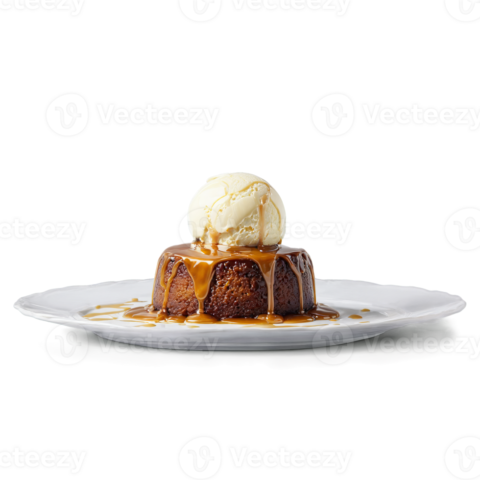 Sticky toffee pudding with caramel sauce and vanilla ice cream melting Food and culinary concept png